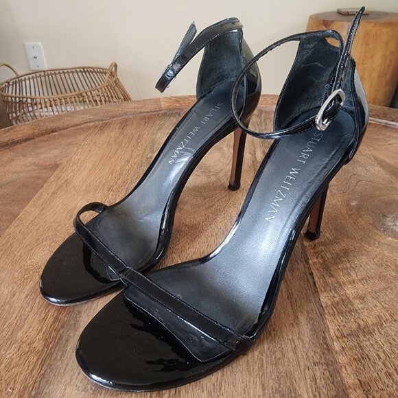 Stuart Weitzman $475 Nudistsong Strap Sandal 100mm Black Patent Leather Size 7 - Picture 3 of 11
